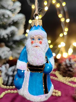 Елочная игрушка Дед Мороз синий 10 см, стекло  // Дед Мороз синий М