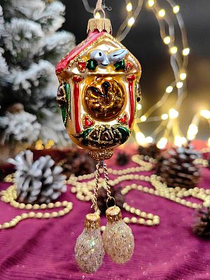 Елочная игрушка Часы с шишками золото 15 см, стекло  // часы с шишками GOLD