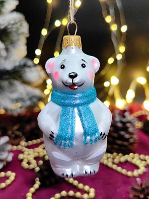 Елочная игрушка Медведь в шарфе серебристый 9 см, стекло  // медведь в шарфе