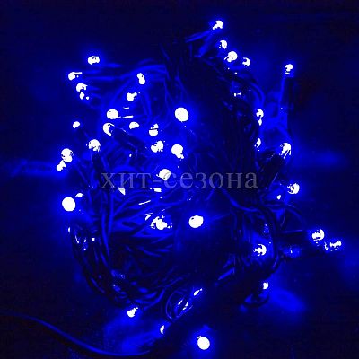 Светодиодная нить 10 м, синий 100 LED, статичный с FLASH эффектом, провод черный, DD1410