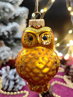 Елочная игрушка Совушка золото 10 см, стекло  // совушка GOLD