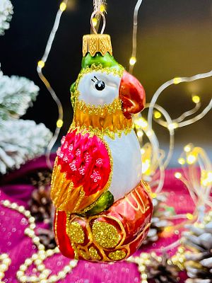 Елочная игрушка Попугай большой белый/золотой/красный 11 см, стекло  // Попугай большой