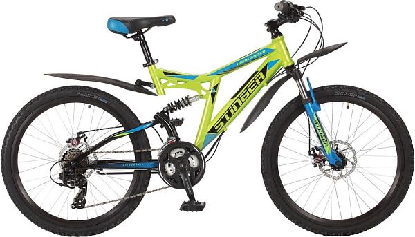 Велосипед горный двухподвес Stinger Highlander 200D 24" 14" 21 ск. зеленый 24SFD.HILAND2D.14GN7 