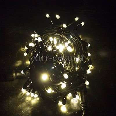 Светодиодная нить 10 м, белый теплый 100 LED, статичный с FLASH эффектом, провод черный, DD1408