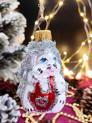 Елочная игрушка Ежик серебро серебристый/красный 6 см, стекло  // ежик серебро RED