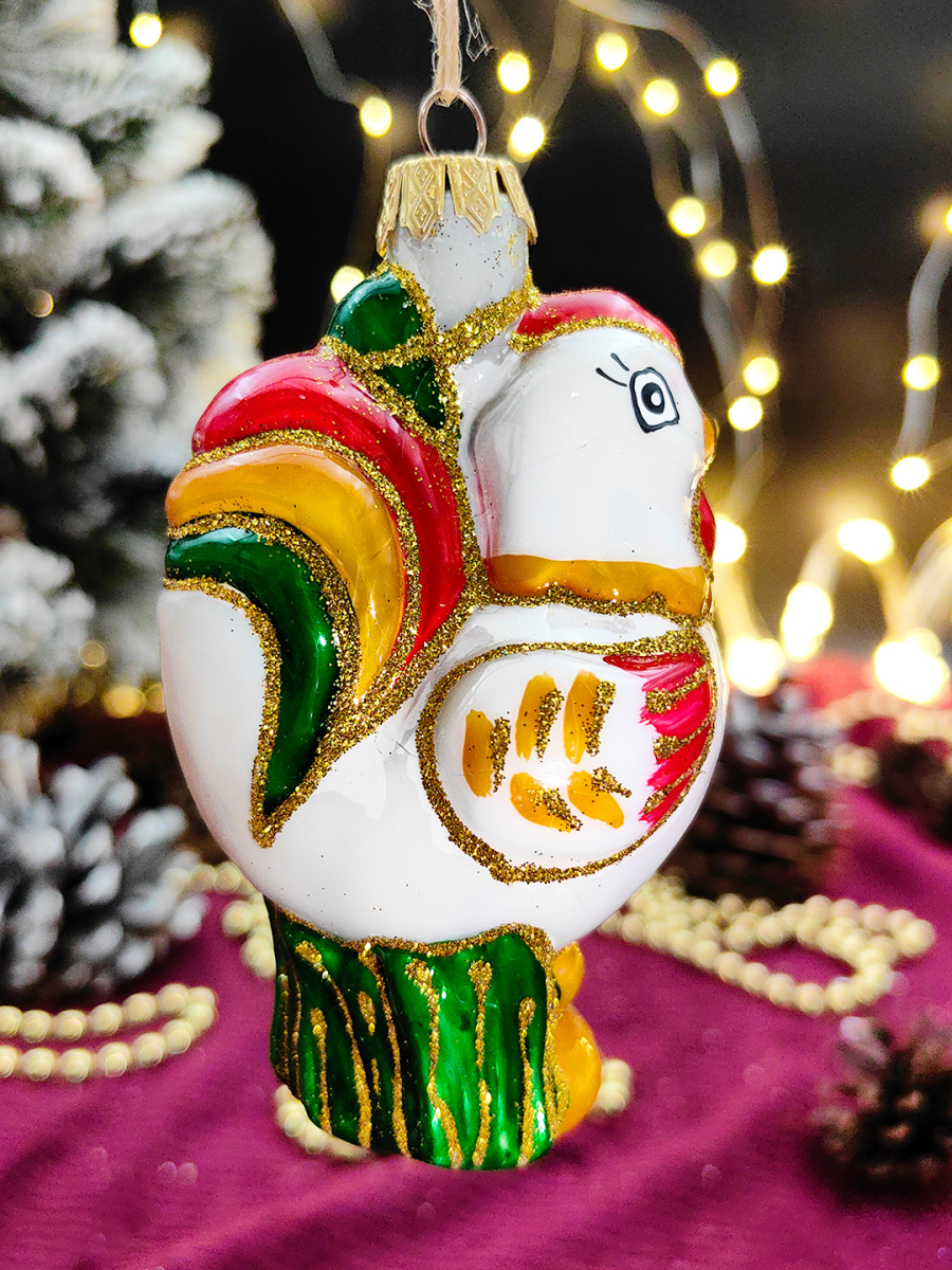 Елочная игрушка Петушок белый 11 см, стекло // петушок WHITE Елочная игрушка Петушок белый 11 см, стекло // петушок WHITE