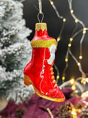 Елочные игрушки Сапожок большой красный/золото 7 см, стекло  // сапожок RED/GOLD