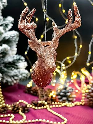 Елочная игрушка Голова оленя розовое золото 13 см Р-7531