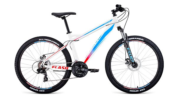 Велосипед горный FORWARD FLASH 26 2.2 S disc 26" 15" 21 ск. белый/голубой RBKW1M16GS36 2021