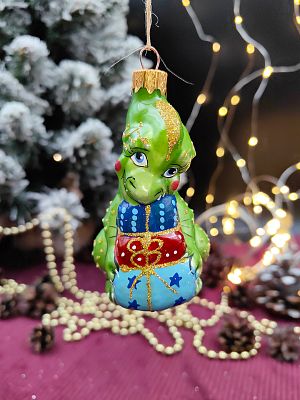 Елочная игрушка Дракон с 3 подарками зеленый 10 см, стекло  // дракон с 3 подарками