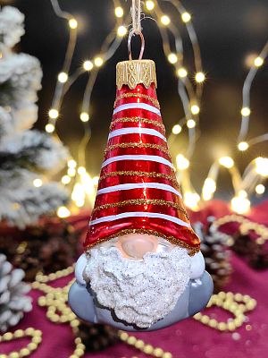 Елочная игрушка Гном в полоску Красный/серый 8 см, стекло  // гном в полоску