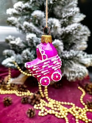 Елочная игрушка Коляска розовый 5 см, стекло  // коляска