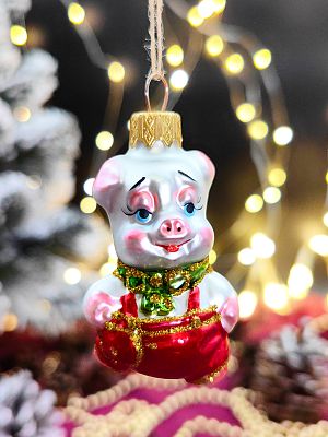 Елочная игрушка Поросенок красный 7 см, стекло  // поросенок RD