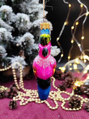 Елочная игрушка Попугай высокий розовый 11 см, стекло  // попугай высокий PINK