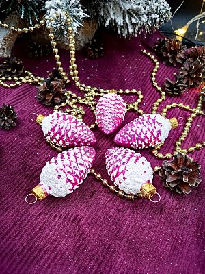 Елочные игрушки Шишки 5 шт ярко розовый 7 см, стекло  // шишки BRIGHT PINKx5