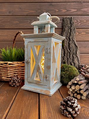Фонарь декоративный деревянный  серо-голубой V-24Сензария Фонарь декоративный деревянный  серо-голубой V-24Сензария
