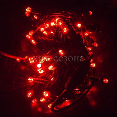 Светодиодная нить 10 м, красный 100 LED, статичный с FLASH эффектом, провод черный, DD1407