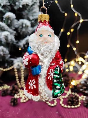 Елочная игрушка Дед Мороз красный 10 см, стекло  // Дед Мороз красный с елкой