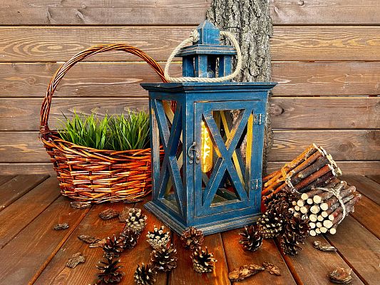 Фонарь декоративный деревянный  лазурный V-13Глубокие чувства - большой
