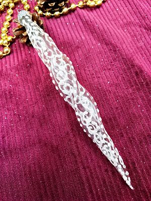 Елочная игрушка Сосулька прозрачный/белый 16 см, стекло  // сосулька с узором