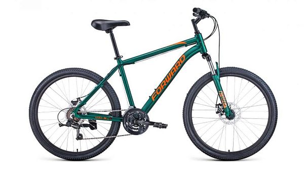 Велосипед горный FORWARD HARDI 26 2.0 disc 26" 17" 21 ск. зеленый матовый/оранжевый RBKW1M66Q027 202