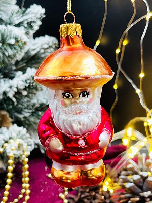 Елочная игрушка Дедушка-грибок красный 11 см, стекло Елочные Сказки // Дедушка-гриб