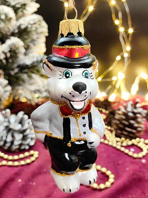 Елочная игрушка Волк серый 11 см, стекло Елочные Сказки // волк в черн. шапке