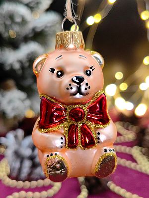 Елочная игрушка Медведь с бантом золото 7 см, стекло  // медведь с бантом GOLD