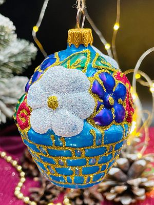 Елочная игрушка Корзина с цветами синий 8 см, стекло  // корзина с цветами BLUE