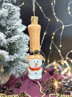 Елочная игрушка Снеговик белый/бежевый 10 см, стекло  // снеговик длинный
