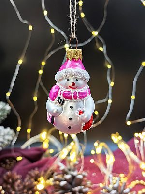 Елочная игрушка Снеговик серебристый/розовый 6 см, стекло  // снеговик PINK