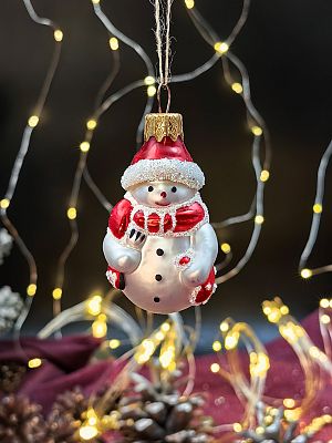 Елочная игрушка Снеговик серебристый/красный 6 см, стекло  // снеговик RED
