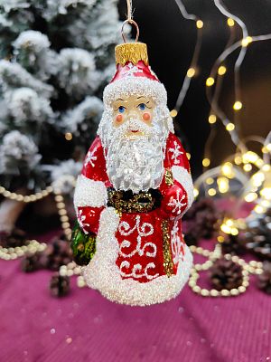 Елочная игрушка Дед Мороз красный 10 см, стекло  // Дед Мороз красный с узором