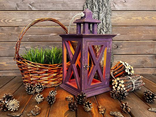 Фонарь декоративный деревянный  фиолетовый V-12Коллекционное вино - большой