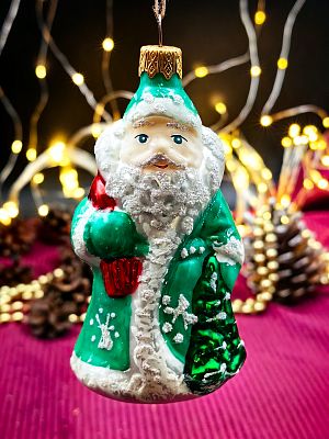Елочная игрушка Дед Мороз зеленый 10 см, стекло  // Дед Мороз зеленый М