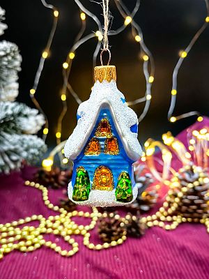 Елочная игрушка Домик синий 8 см, стекло  // домик Blue