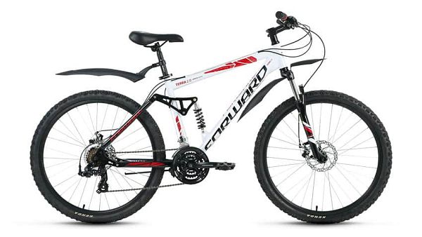 Велосипед горный двухподвес FORWARD Terra 2.0 disc 26" 16" 21 ск. белый глянцевый FORWARD Terra 2.0 