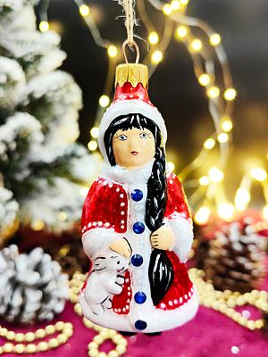 Елочная игрушка Cнегурочка красный 11 см, стекло  // снегурочка с зайцем RED
