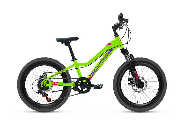 Велосипед горный хардтейл FORWARD Twister 2.0 disc 20" 10,5" ярко-зеленый/фиолетовый RBKW1J306002 