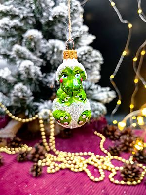 Елочная игрушка Дракон в скорлупе зеленый 7 см, стекло  // дракон в скорлупе