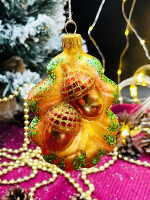 Елочная игрушка Лист желудя бронза 10 см, стекло Елочные Сказки // лист желудя золото 1202