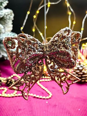 Елочная игрушка Бантик розовое золото 10 см Р-7528