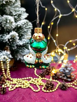 Елочная игрушка лягушка Царевна зеленый 7 см, стекло  // лягушка Царевна
