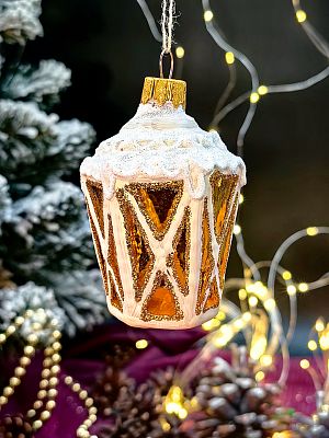 Елочная игрушка Фонарь белый/желтый 8 см, стекло  // фонарь WH/YEL