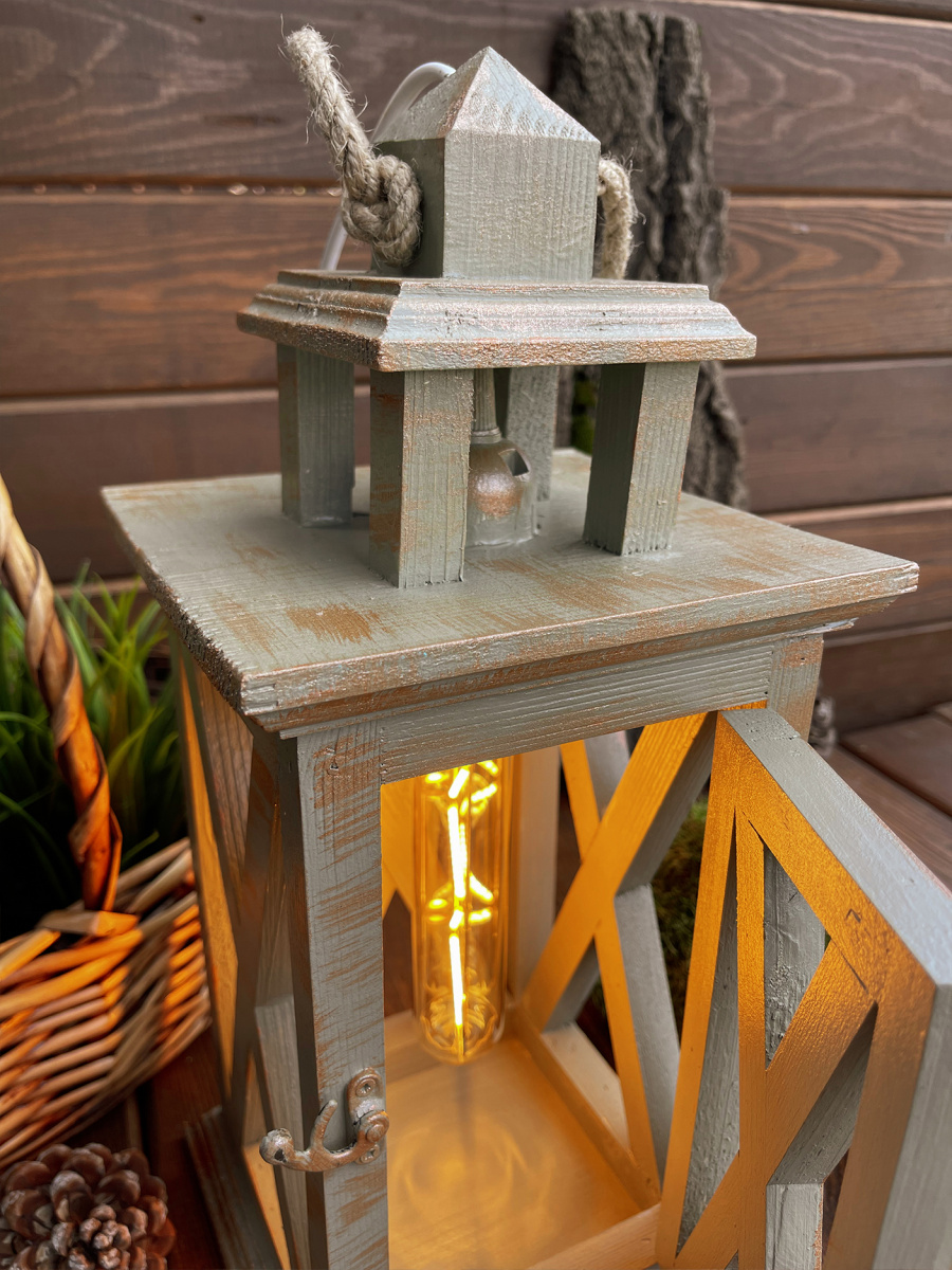 Фонарь декоративный деревянный светло-серый V-23Осенний шалфей фото 4 Фонарь декоративный деревянный светло-серый V-23Осенний шалфей фото 4
