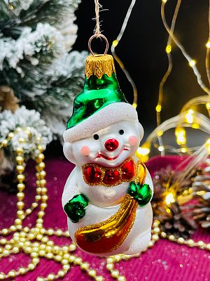 Елочная игрушка Снеговик в зел. шапке серебристый  см, стекло  // Снеговик в зел. шапке S