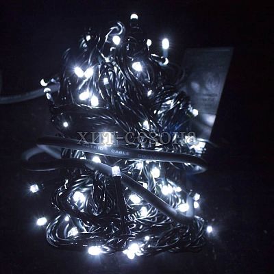 Светодиодная нить 10 м, белый холодный 100 LED, статичный с FLASH эффектом, провод черный, DD1803