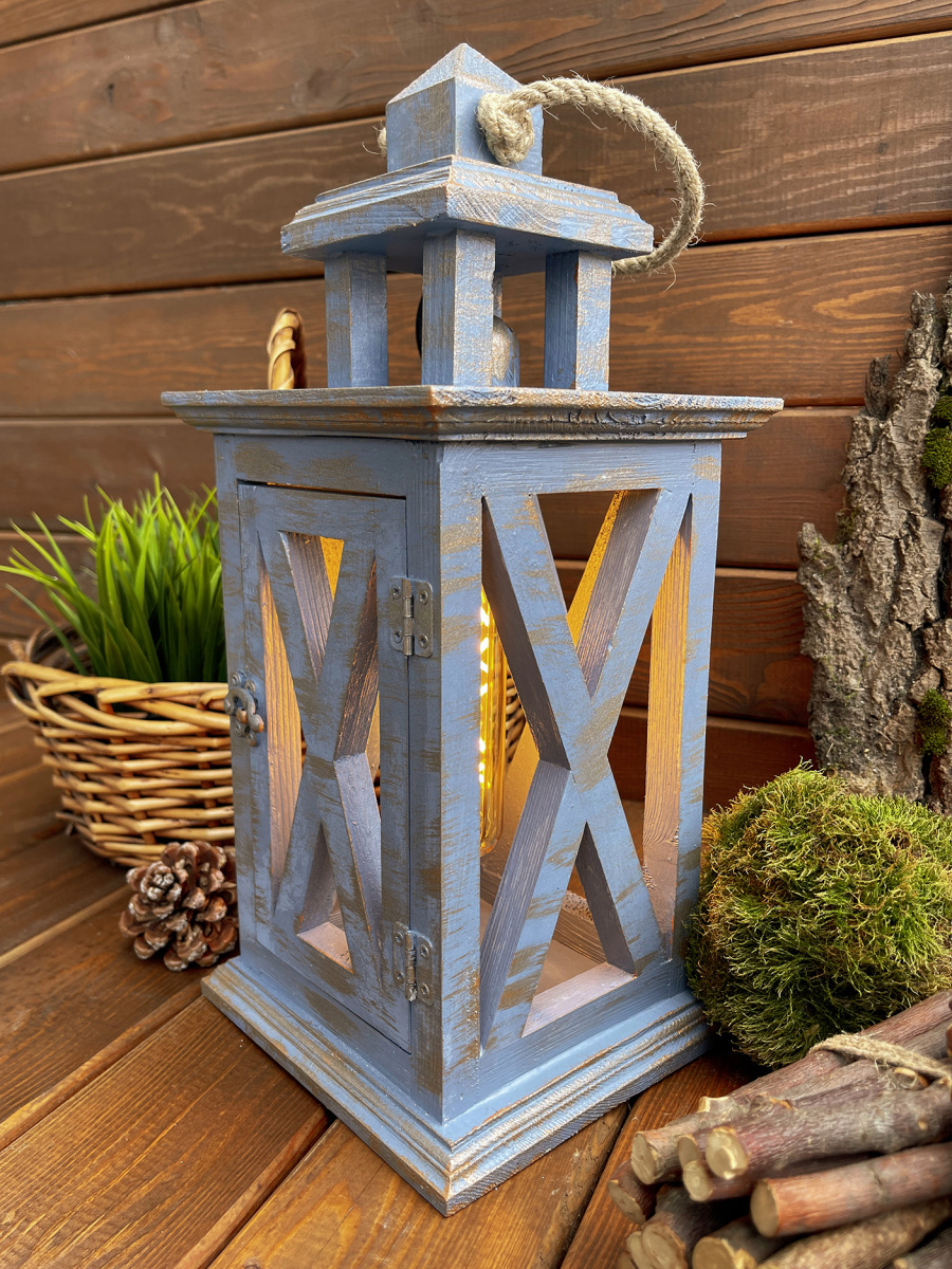 Фонарь декоративный деревянный небесно-голубой V-21Ночное притяжение фото 5 Фонарь декоративный деревянный небесно-голубой V-21Ночное притяжение фото 5