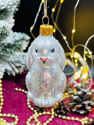 Елочная игрушка Зайчик ушастик серебристый 7 см, стекло  // зайчик ушастик SILVER