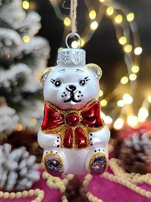 Елочная игрушка Медведь с бантом серебристый 7 см, стекло  // медведь с бантом SILVER